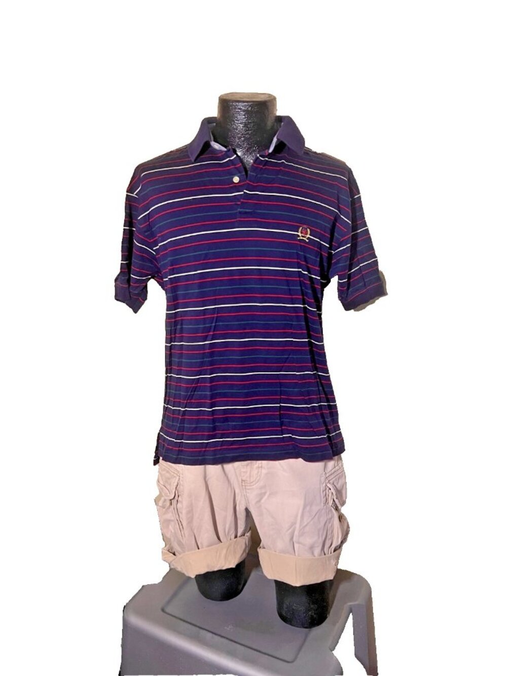 Vintage 90s Tommy Hilfiger Mens Small Striped Polo Shirt Navy Red Lion Crest